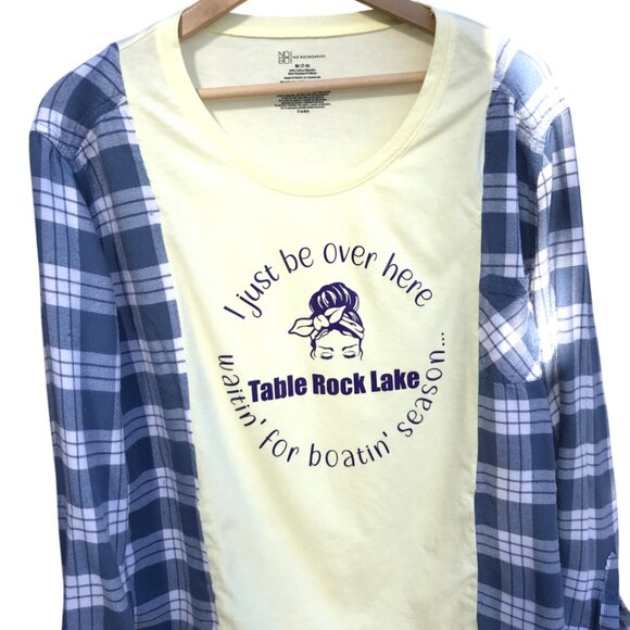 Reworked Flannel Tee, S-M: Table Rock Lake Lightweight Upcycled Shirt Remake - Picture 4 of 11